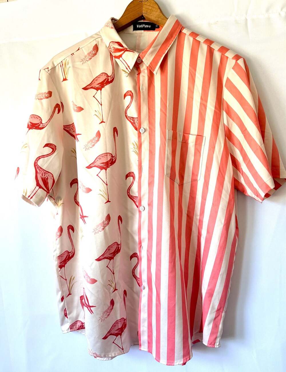 VatPave Men's Flamingo and Vertical Stripe Split Print Sh Sleeve Hawaiian Shirt